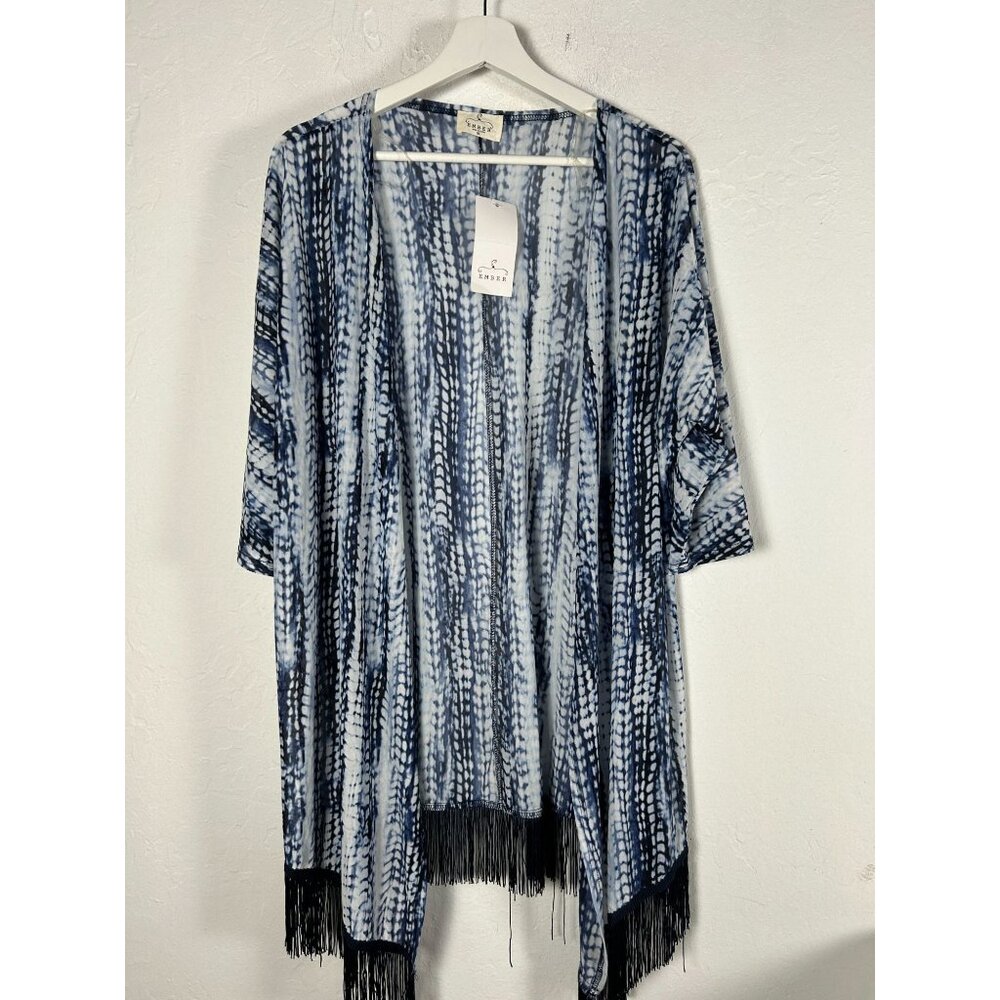 Ember Womens Tie-Dye Open Front Cardigan Kimono Fringe Hem XL Blue White New